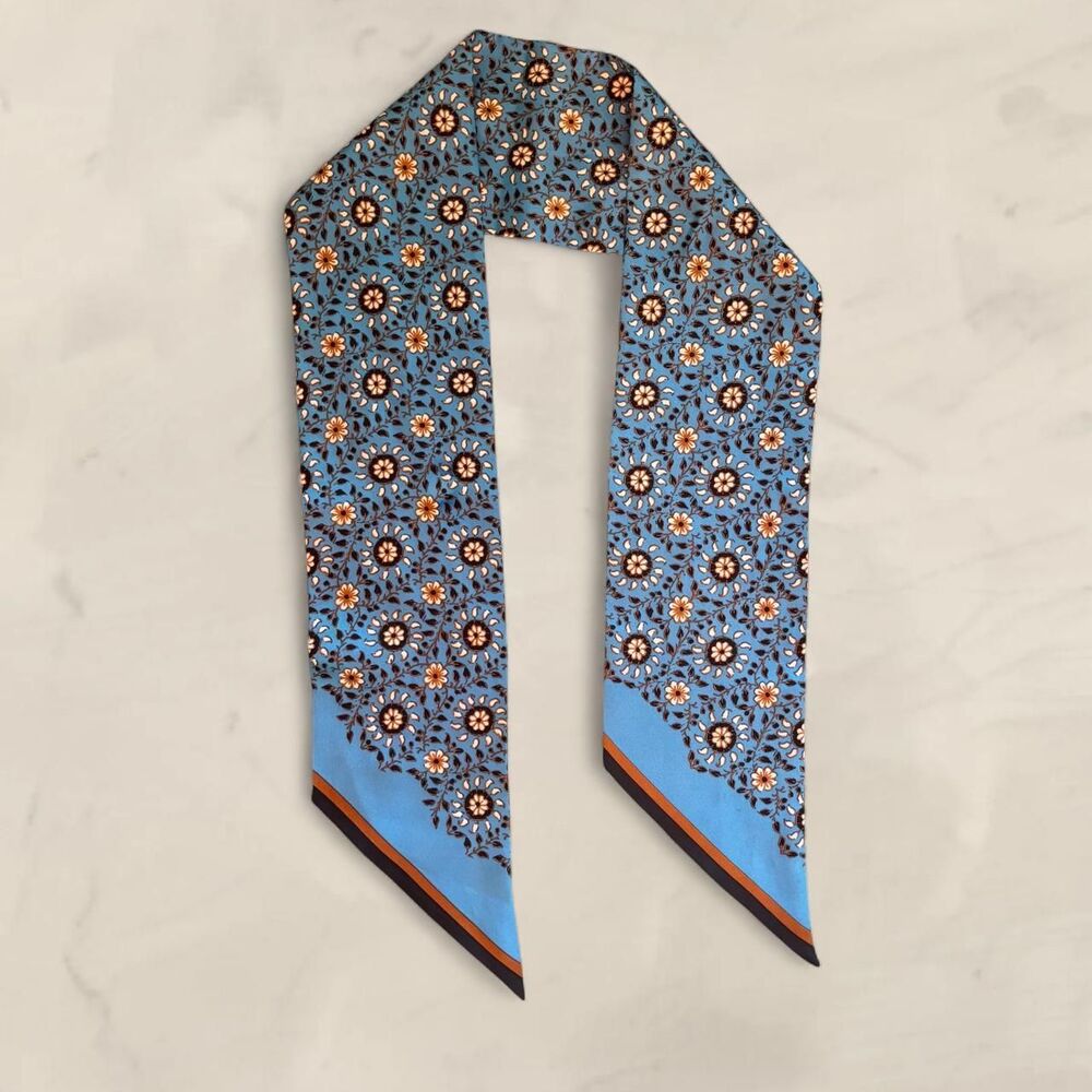 madewell blue silk twill scarf tie floral brown trimmed